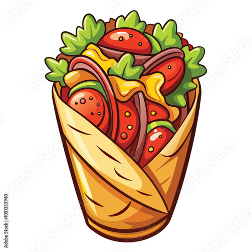 Shawarma Delicious Savory Meat Wrap Served On A White Background Vector Illustration