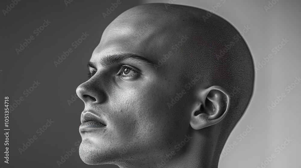 Black and White Portrait of a Bald Man Looking Up Black and White Portrait of a Bald Man Looking Up