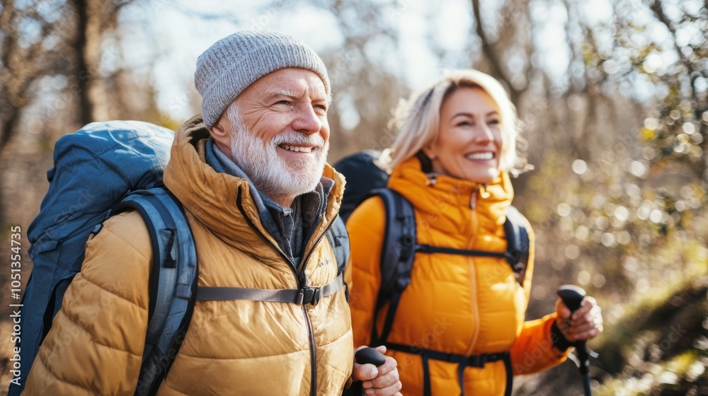 A joyful elderly couple hiking in nature, wearing warm jackets and backpacks, enjoying the outdoors in a sunlit forest. A joyful elderly couple hiking in nature, wearing warm jackets and backpacks, enjoying the outdoors in a sunlit forest.