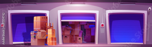Home stuff in cardboard boxes near and inside of self storage container with blue gate. Cartoon vector storehouse space with pile of personal belongings in carton packages. Storage of things in garage