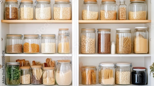 Wallpaper Mural Various dried foods like grains, pasta, and lentils neatly organized in glass jars on a white background. Concept: zero waste, pantry organization. Torontodigital.ca