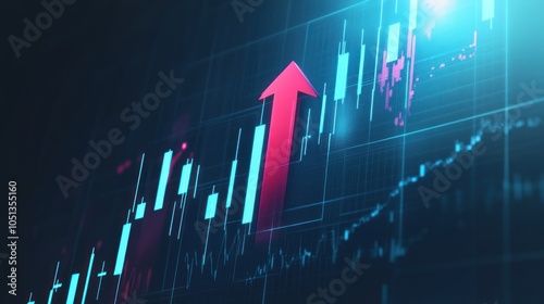 Red arrow rises on digital stock market chart photo