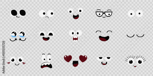 Face emotions, comic expressions, cute crazy eyes collection isolated. Doodle smiley mood comic design elements. Emotional comic face with eyes, mouths, tongue and teeth.