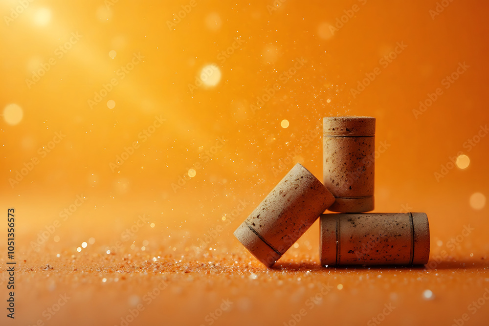 Three corks on sparkling orange background with sunlit particles Three corks on sparkling orange background with sunlit particles