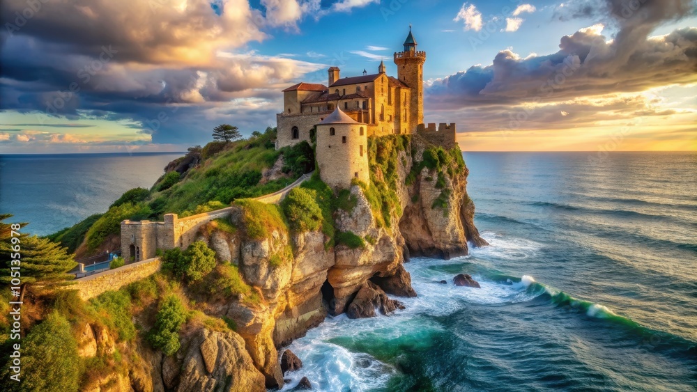Majestic castle atop cliff overlooking ocean scenery , magical, castle, cliff, ocean, view, landscape, fantasy