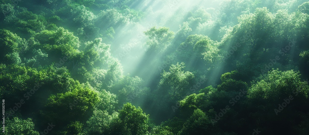 Obraz premium Sunlight Streaming Through Lush Green Forest Canopy Creating a Serene and Tranquil Natural Landscape
