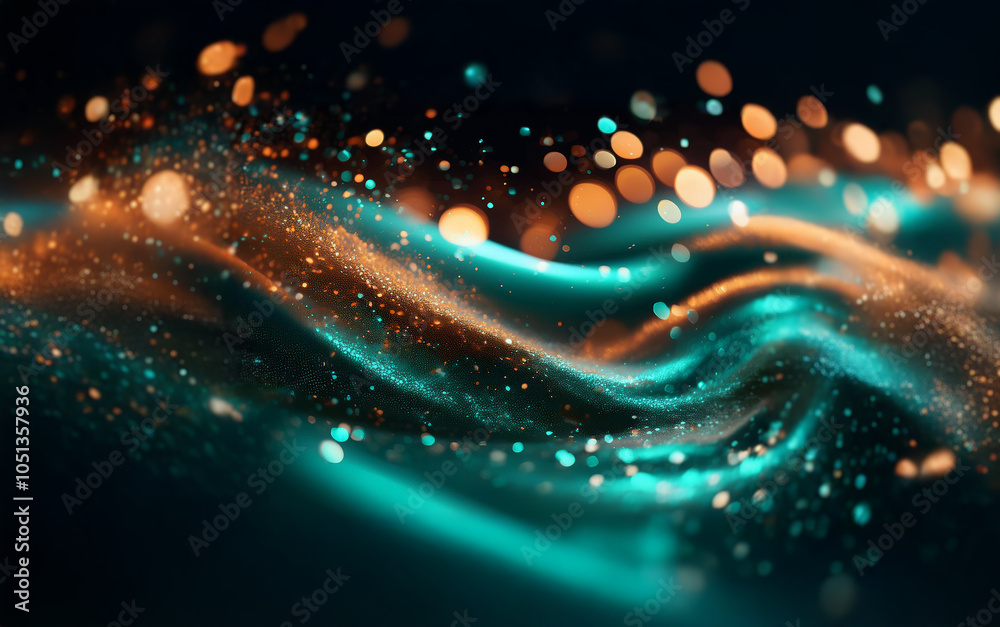 Abstract digital art featuring a swirling wave of teal and copper with out-of-focus golden lights. Abstract digital art featuring a swirling wave of teal and copper with out-of-focus golden lights.