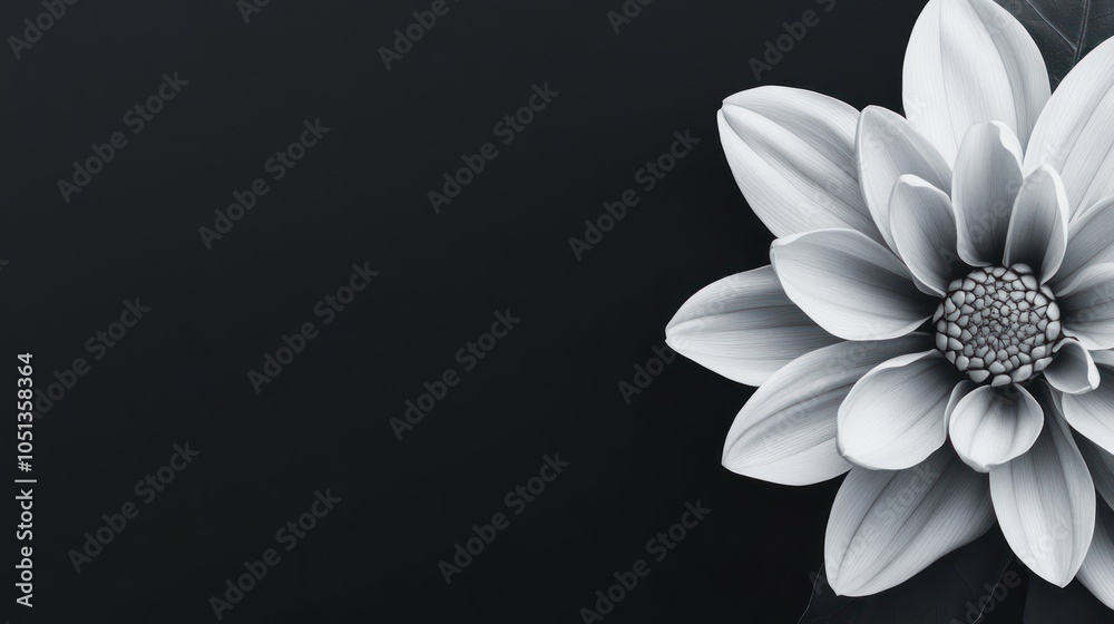 A single white flower with a black background, with space for text. A single white flower with a black background, with space for text.