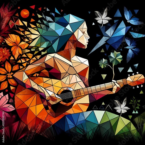 unique wallpaper of geometric shaped woman playing guitar