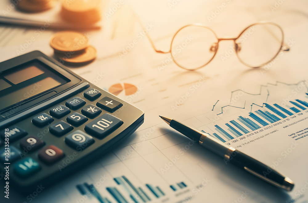 Financial documents, calculator and glasses on the table, Generative AI Financial documents, calculator and glasses on the table, Generative AI