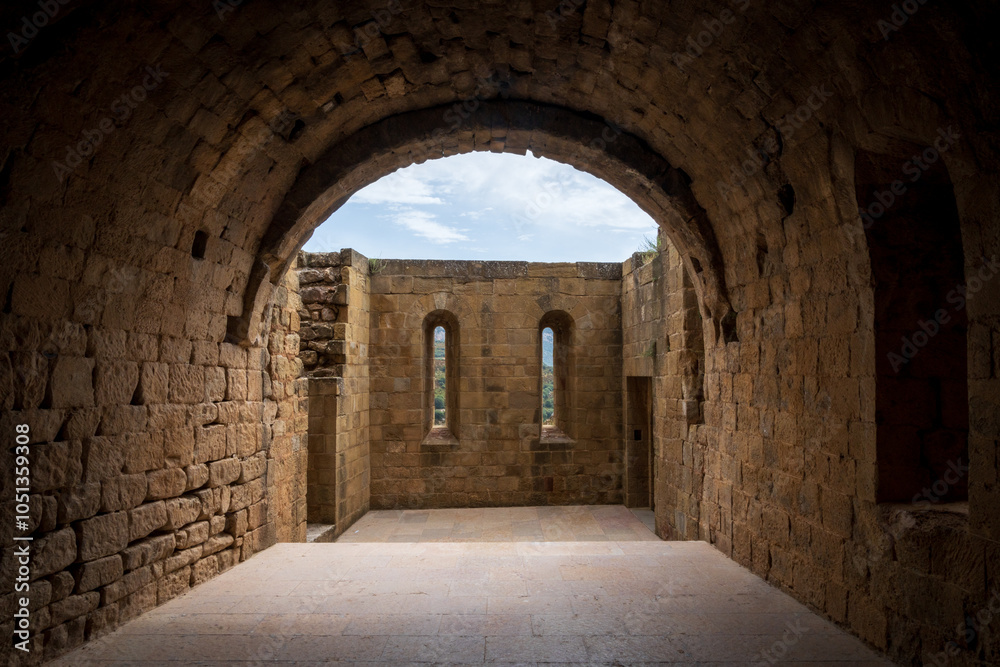 Loarre Castle, Romanesque Castle and Abbey near the town of the same name, Huesca Province in the Aragon autonomous region of Spain. It is one of the oldest castles in Spain, on a Summer Day