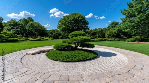 A photostock of a zen garden with sand raking patterns, bonsai trees, and stone pathways for a tranquil outdoor retreat.