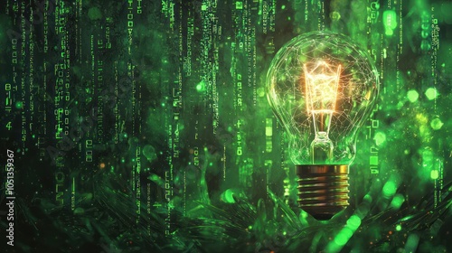 Illuminated green lightbulb with neon digital matrix
