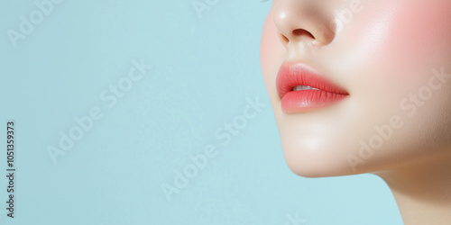 Female Model's Close-Up Featuring Graphics Illustrating Reduced Redness Surrounding Her Face for Skincare Promotion photo