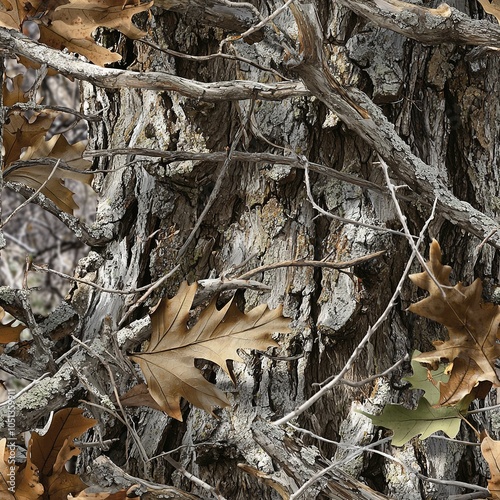 Oak Tree Bark Oak Leaves Hunting Camo Pattern, Seamless Camouflage Foliage Texture