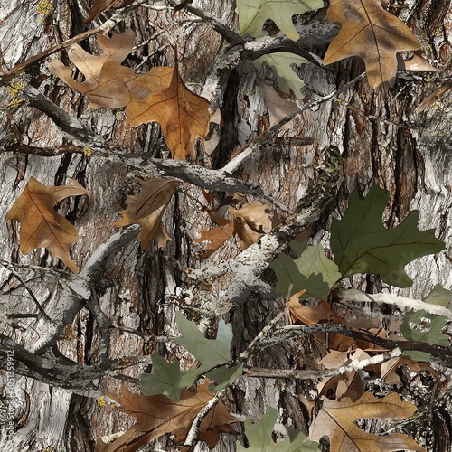 Oak Tree Bark Oak Leaves Hunting Camo Pattern, Seamless Camouflage Foliage Texture photo