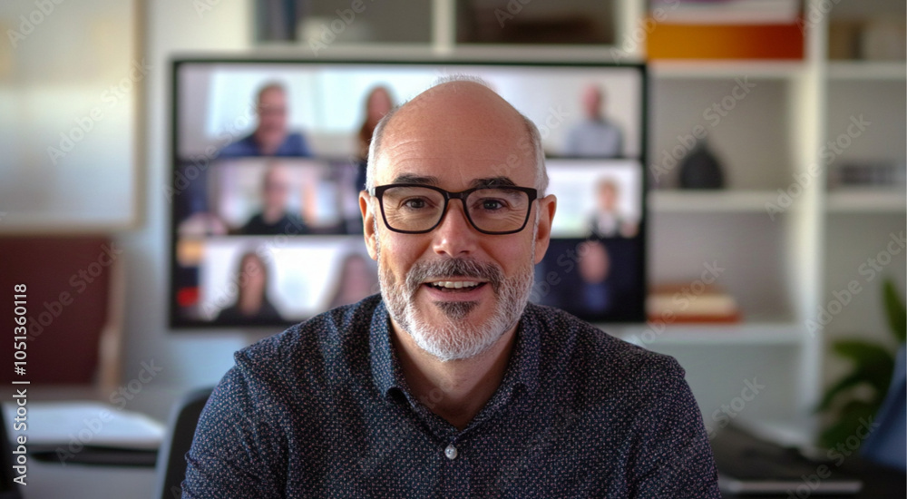 Fototapeta premium a professional business person lookinng into the camera while speaking and gesturing during an online zoom call. In the background of the person is an office.