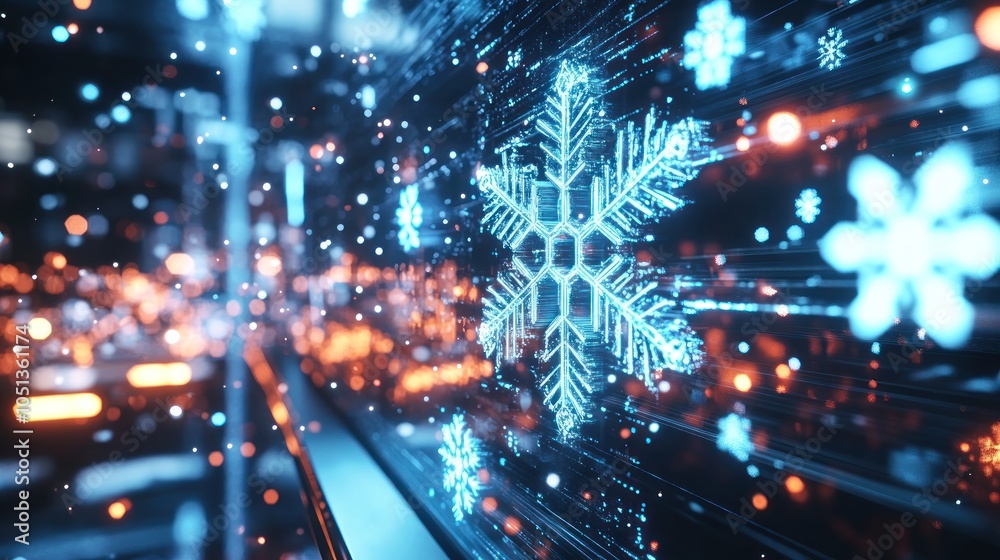 Illuminated snowflakes sparkle in urban night scene Illuminated snowflakes sparkle in urban night scene
