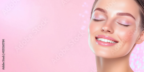 Joyful Woman with a Radiant Smile Immersed in Pro-Vitamin B5 Holographic Mist for Hydrated Skin photo