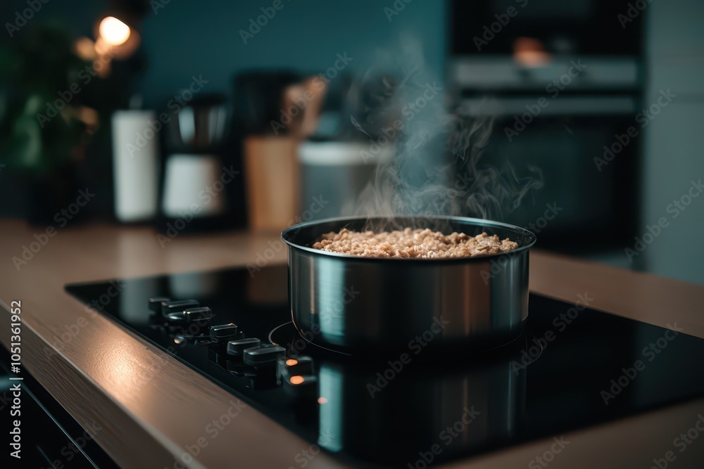 Modern kitchen counter with oatmeal cooking in a stylish pot, showcasing a cozy culinary atmosphere. Modern kitchen counter with oatmeal cooking in a stylish pot, showcasing a cozy culinary atmosphere.