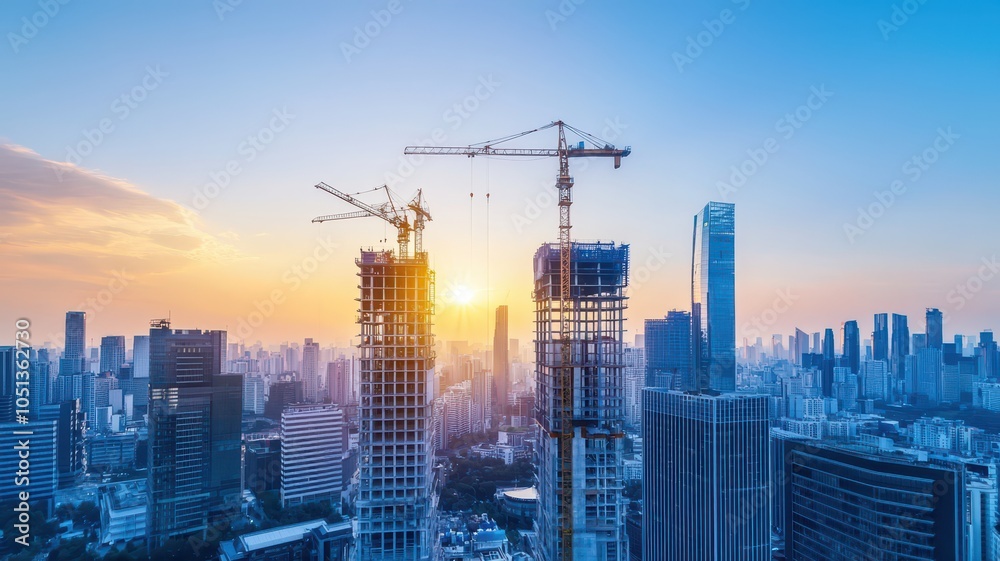 City skyline in the distance with cranes working on new construction, symbolizing urban development and growth.