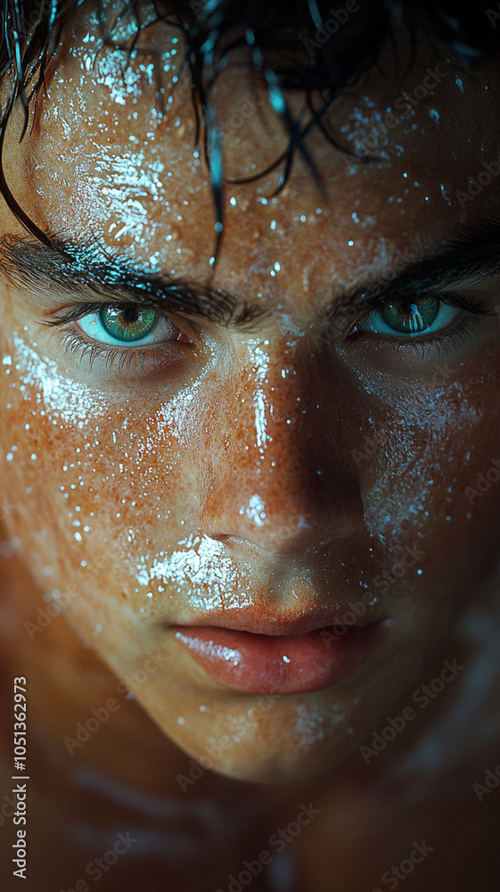 A close-up portrait of a young Caucasian man with striking blue eyes, tanned skin, and wet or sweaty skin. The background is blurred, suggesting the focus is on the man's intense facial expression A close-up portrait of a young Caucasian man with striking blue eyes, tanned skin, and wet or sweaty skin. The background is blurred, suggesting the focus is on the man's intense facial expression