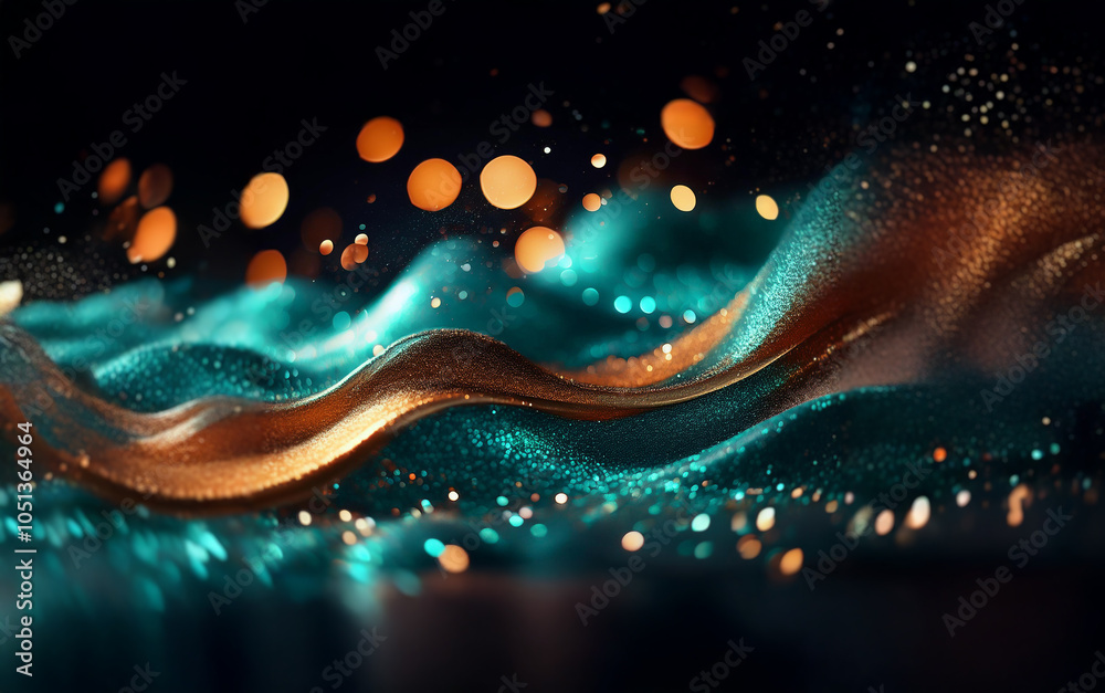 A wave of shimmering turquoise liquid with a golden ripple, illuminated by warm bokeh lights. A wave of shimmering turquoise liquid with a golden ripple, illuminated by warm bokeh lights.