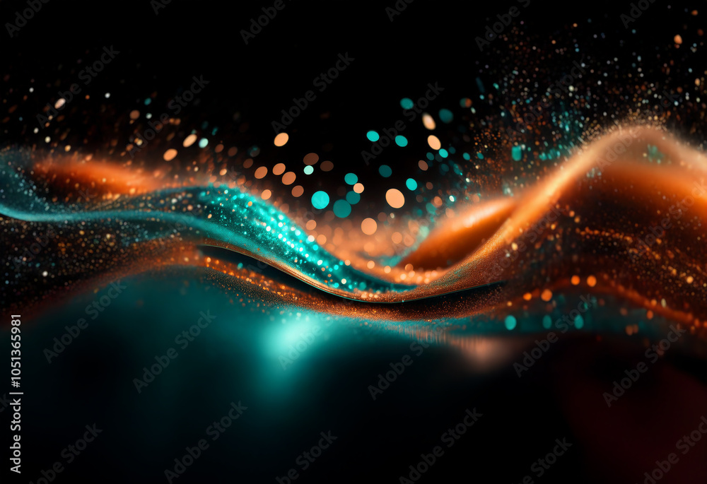 Abstract digital art depicting a wave of shimmering turquoise and orange particles against a dark background. Abstract digital art depicting a wave of shimmering turquoise and orange particles against a dark background.