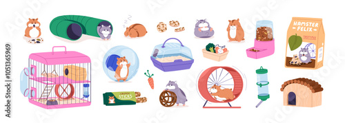 Hamster and pet accessories set. Cute little rodent, cage, wheel, exercise ball, tunnel, toys and food. Home animal, feed, playing supplies. Flat vector illustration isolated on white background