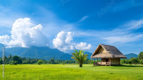 Serene landscape with traditional bamboo house under blue sky