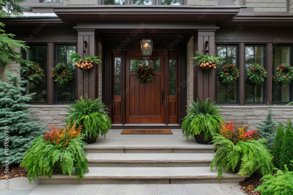 Fototapeta premium Charming rustic wreaths adorned with acorns and autumn decorations, welcoming you at the front of the house.
