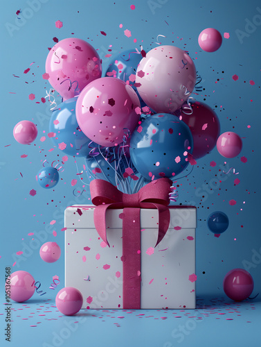 A box of balloons with pink and blue balloons and pink ribbon photo