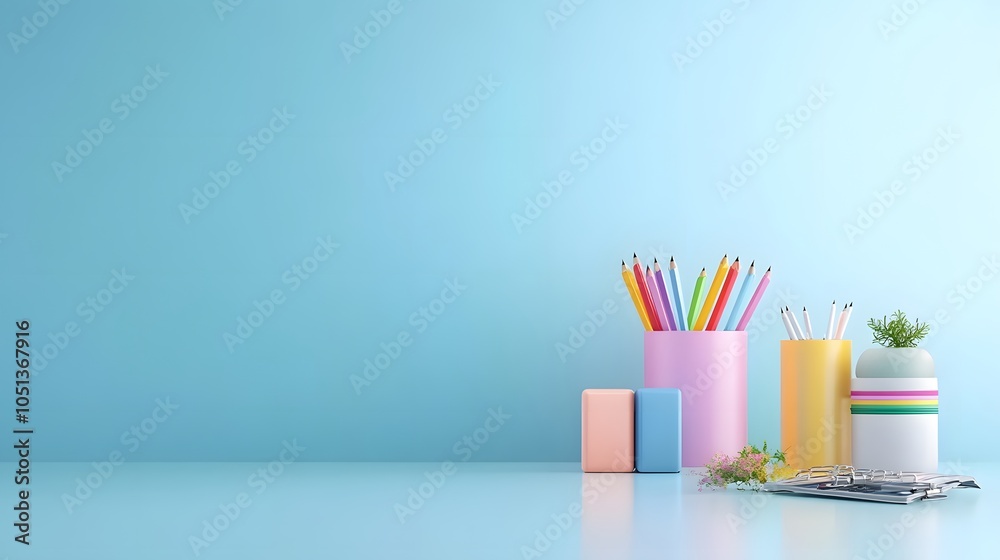 Fototapeta premium Colorful stationery and creative supplies against a blue background