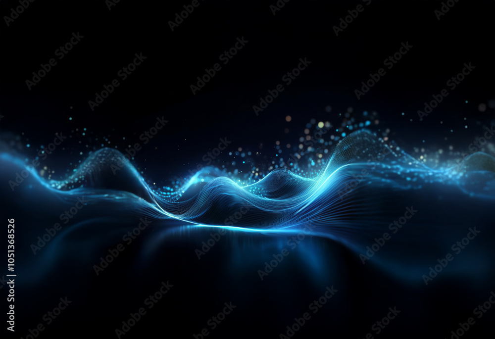 Fototapeta premium Abstract digital waves of light shimmer and pulse on a black background.