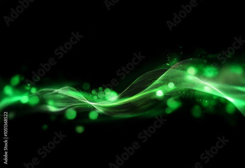 Abstract image featuring a glowing green wave with blurred green lights on a black background. photo