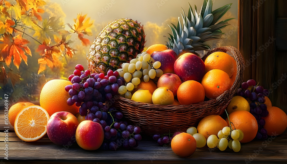 a pile of fruit sitting on top of a wooden table next to a basket of oranges, apples, grapes, and pineapples on top of a wooden table.