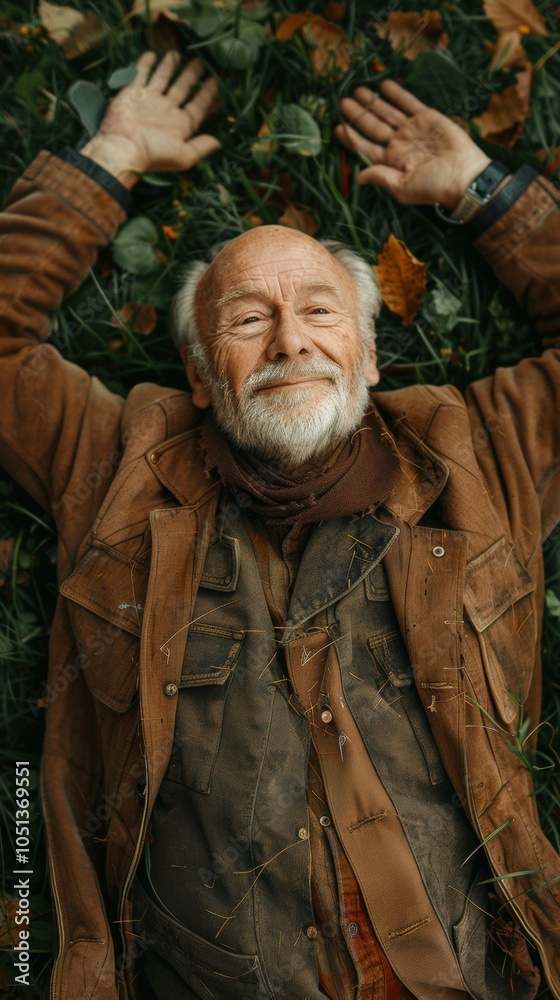 Naklejka premium A man lies on the ground, arms outstretched, looking up with a smile. AI.