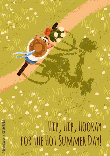 Summer bicycle ride, card. Bike travel in straw hat and flowers in basket, path in meadow, nature on sunny day, top down view. Country rural landscape, cottagecore vibe. Flat vector illustration