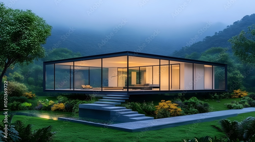 Obraz premium Modern glass house surrounded by nature at dusk