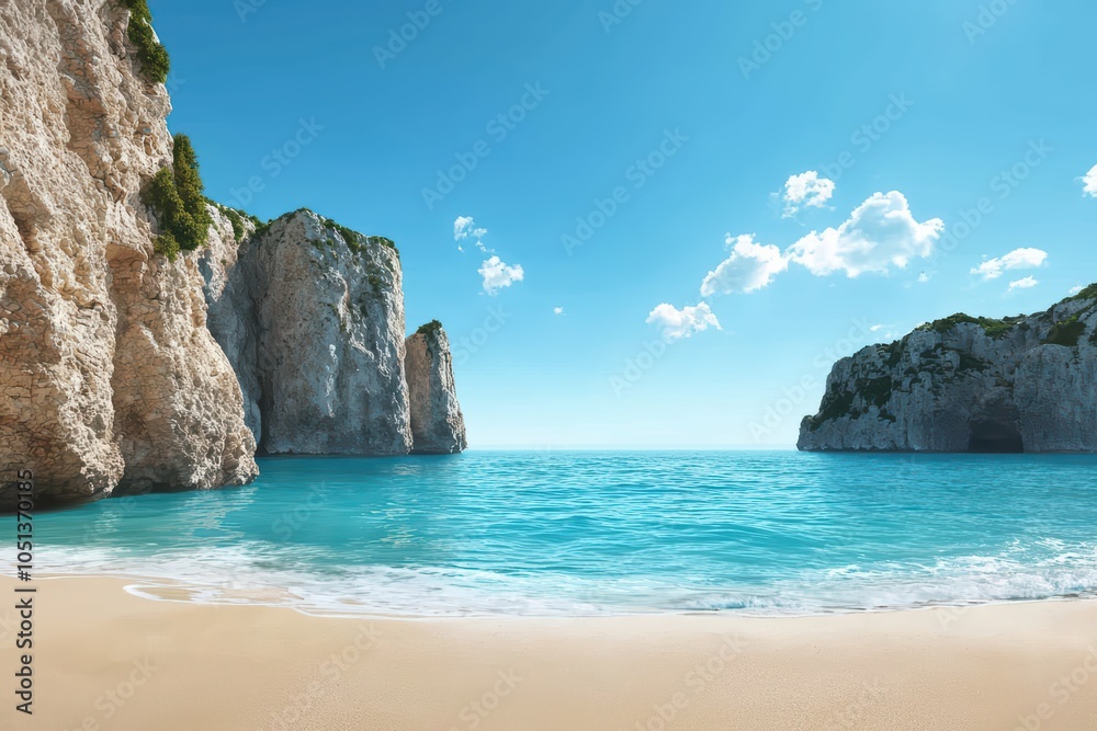 Naklejka premium Stunning beach with cliffs, clear water, and bright blue sky; perfect for relaxation and escape.