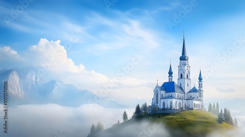 Majestic castle amidst serene mountains and clouds