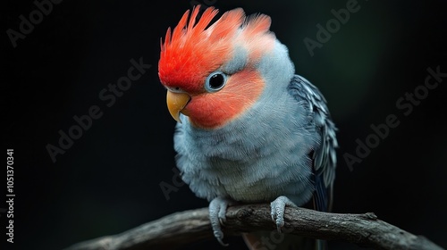 A red-capped parrot with blue and grey plumage sits on a branch against a dark background. photo