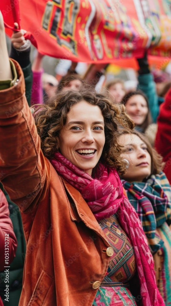 Fototapeta premium A woman smiles while holding up a red flag at a rally. AI.