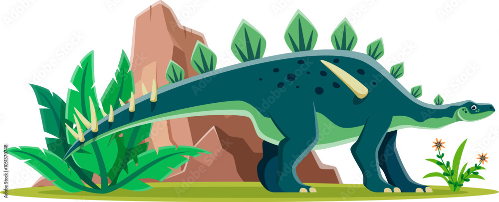 Obraz premium Lexovisaurus prehistoric dinosaur character. Cartoon vector herbivore dino reptile with spinal plates and tail spikes wandering in natural landscape with ferns and rocks at Middle Jurassic period