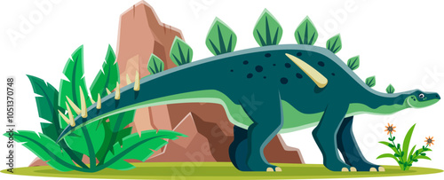 Lexovisaurus prehistoric dinosaur character. Cartoon vector herbivore dino reptile with spinal plates and tail spikes wandering in natural landscape with ferns and rocks at Middle Jurassic period