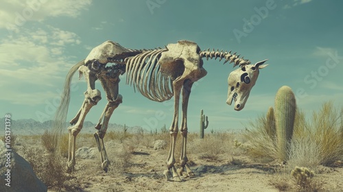 A skeletal horse, abandoned in a dry desert, gazes down toward the ground while surrounded by cacti and rugged terrain under a peaceful sky photo