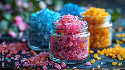 Three jars of colorful candy are on a table photo