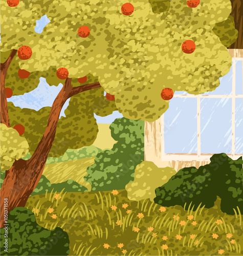 Garden with apple tree, grass. Fruit orchard in backyard. Peaceful rural land...