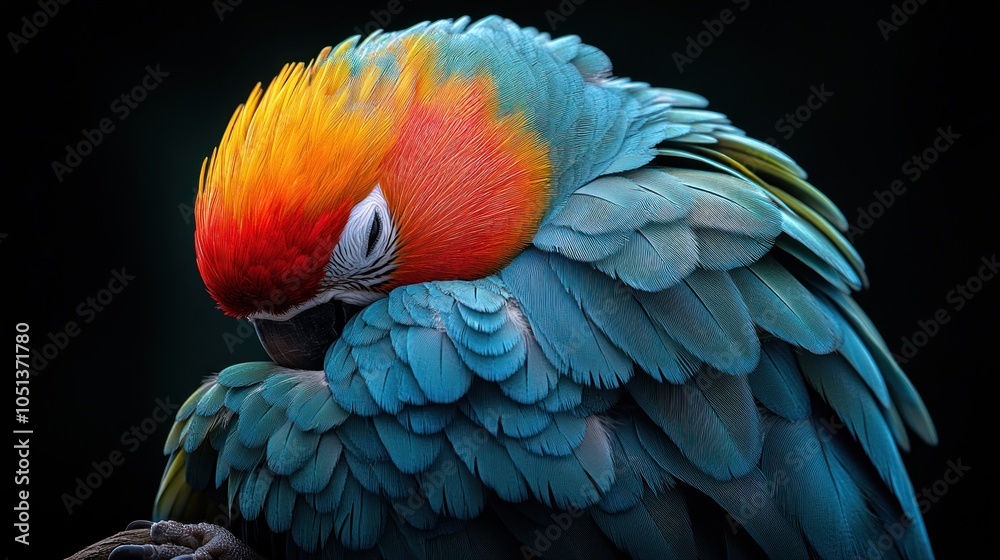 Obraz premium A vibrant blue and red macaw parrot with orange feathers on its head, preening its feathers against a black background.