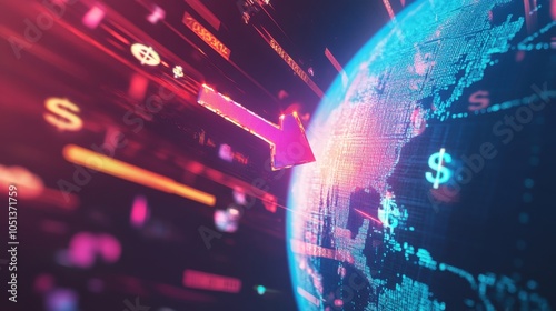 Stylized digital world map with a red arrow pointing downwards, symbolizing global economic decline. Bright neon and dollar symbols in background.